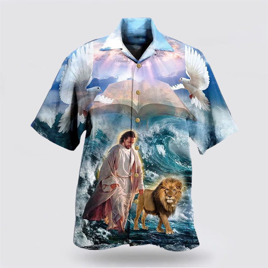 Christian Hawaiian Shirt, Lion And Jesus Walk On Water Christian Hawaiian Shirts, Christian Aloha Shirt