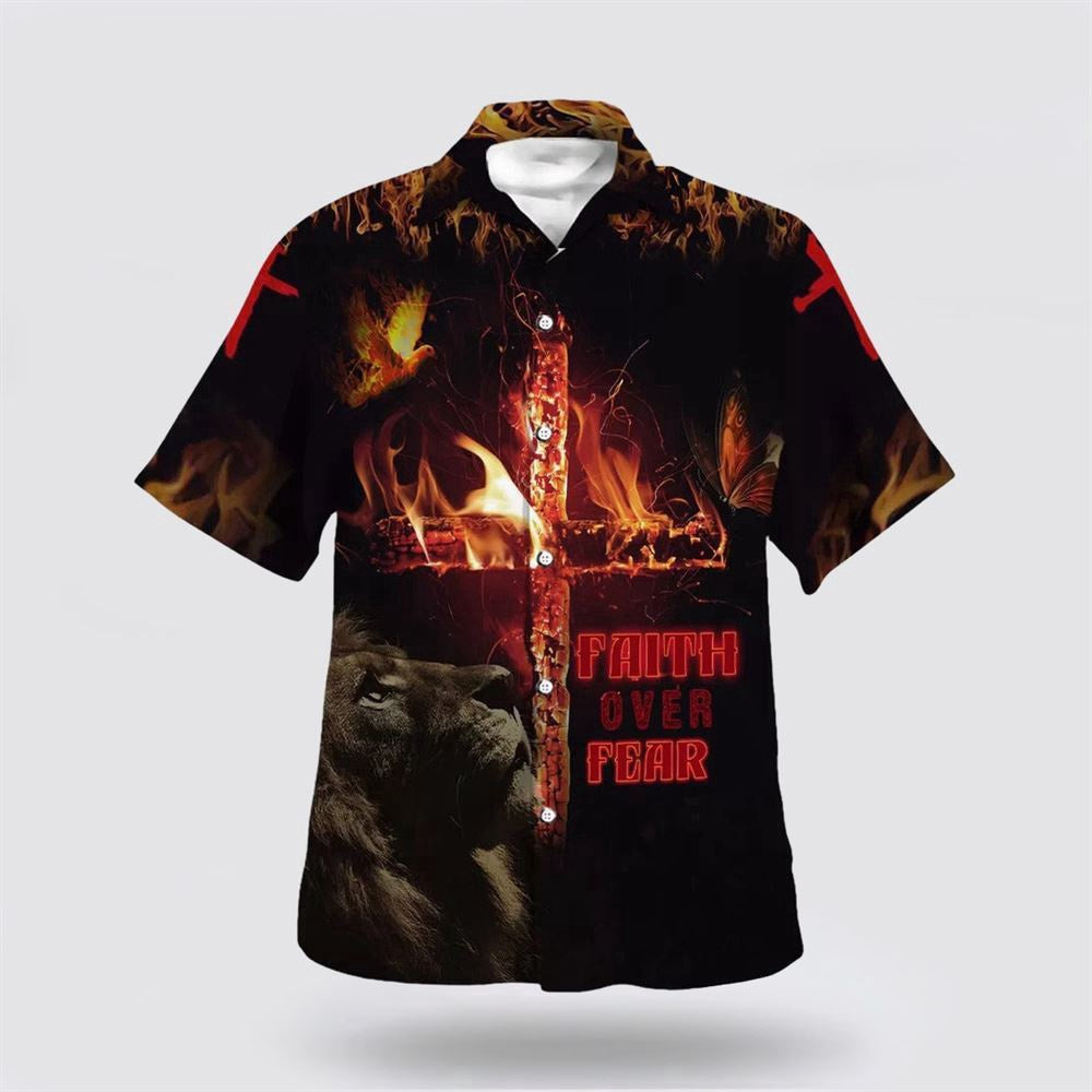 Christian Hawaiian Shirt, Lion Cross Faith Over Fear Hawaiian Shirts For Men, Christian Aloha Shirt
