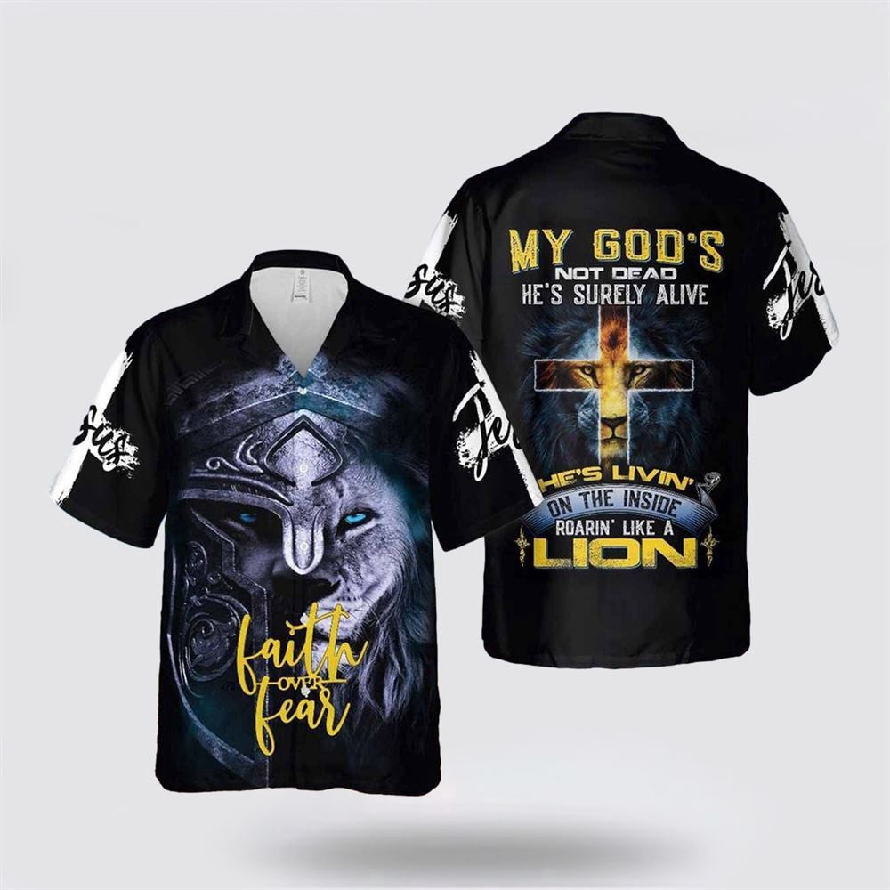 Christian Hawaiian Shirt, Lion God Inside Faith Over Fear Lion Jesus Hawaiian Shirt, Christian Aloha Shirt