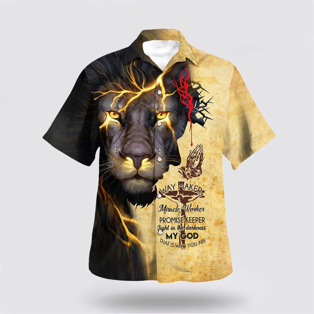 Christian Hawaiian Shirt, Lion Jesus Way Maker Miracle Worker Hawaiian Shirt, Christian Aloha Shirt