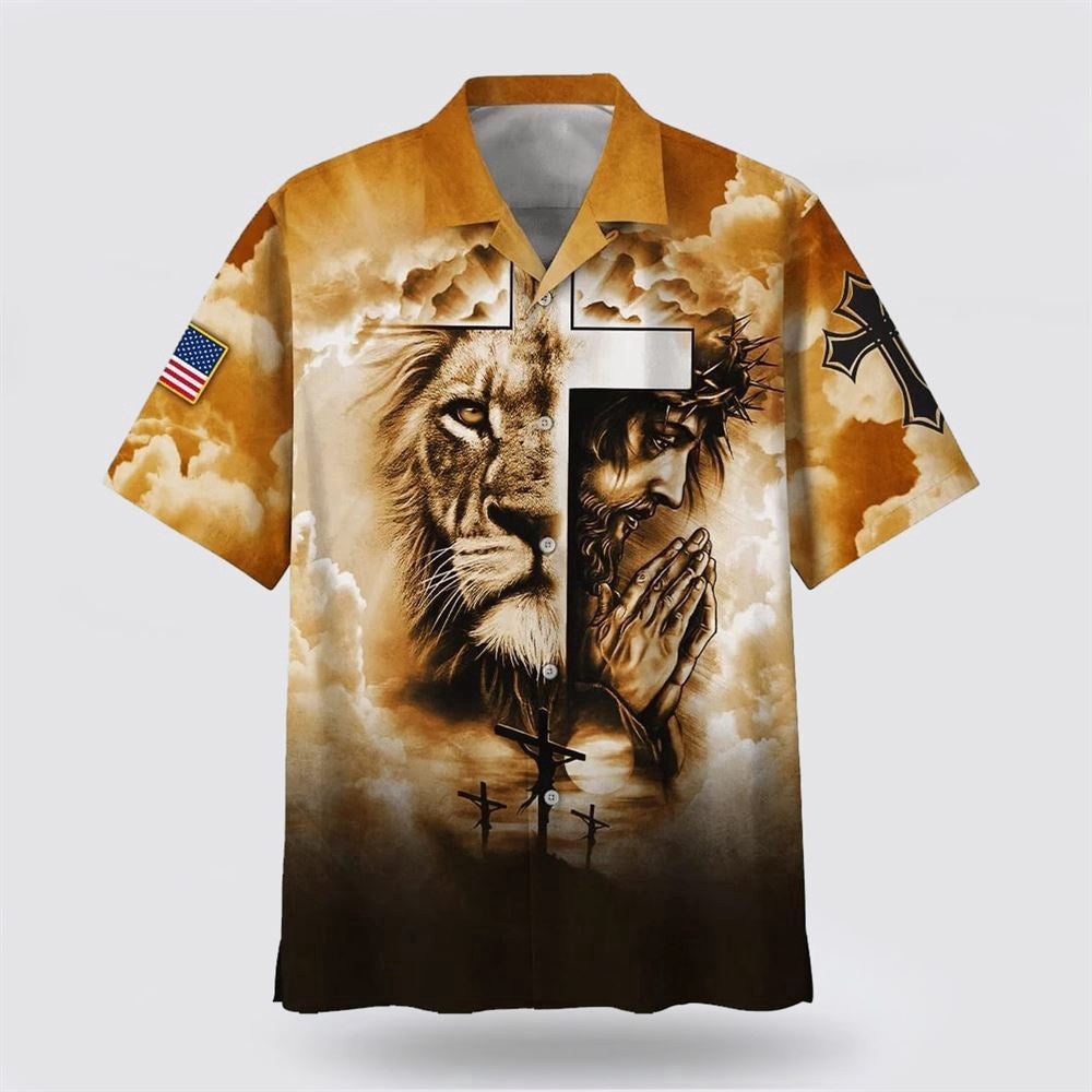 Christian Hawaiian Shirt, Lion Pray With Jesus On The Cross Hawaiian Shirt, Christian Aloha Shirt
