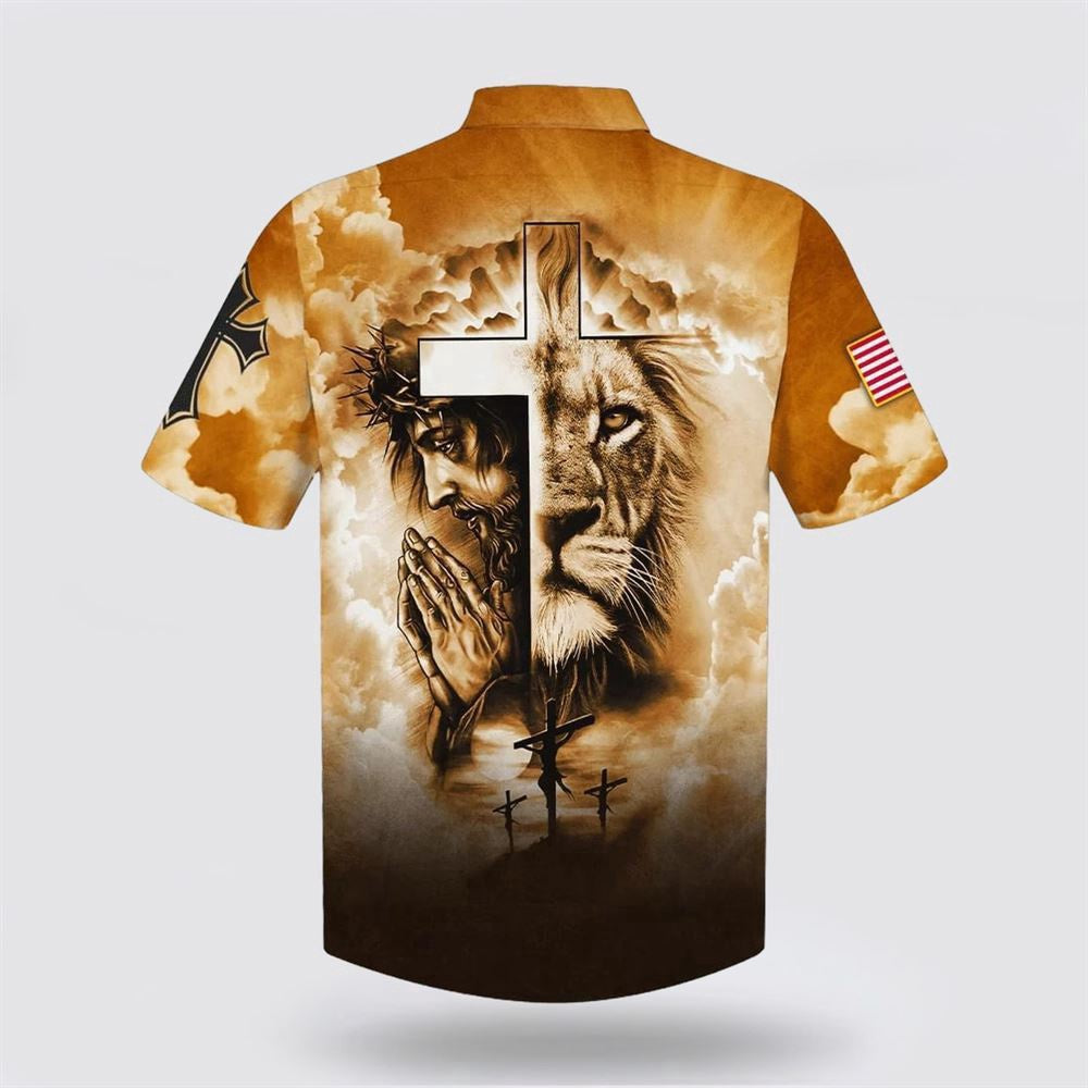 Christian Hawaiian Shirt, Lion Pray With Jesus On The Cross Hawaiian Shirt, Christian Aloha Shirt