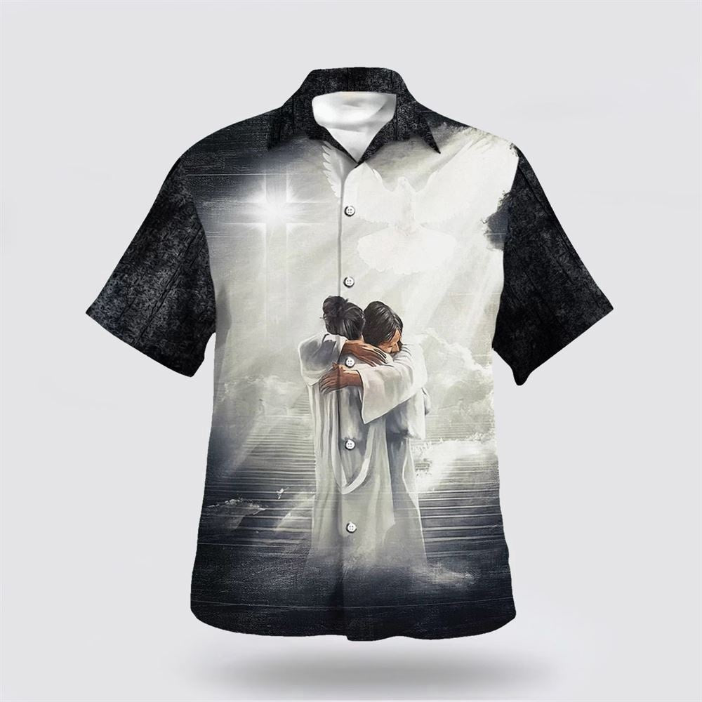 Christian Hawaiian Shirt, Man Hugging Jesus In Heaven Hawaiian Shirts, Christian Aloha Shirt