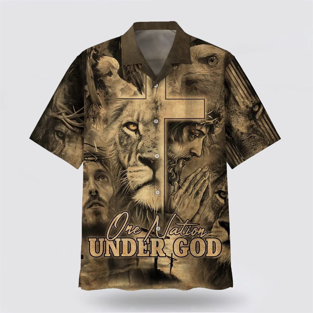 Christian Hawaiian Shirt, One Nation Under God Hawaiian Shirt For Men, Jesus And The Lion Of Judah Hawaiian Shirts, Christian Aloha Shirt