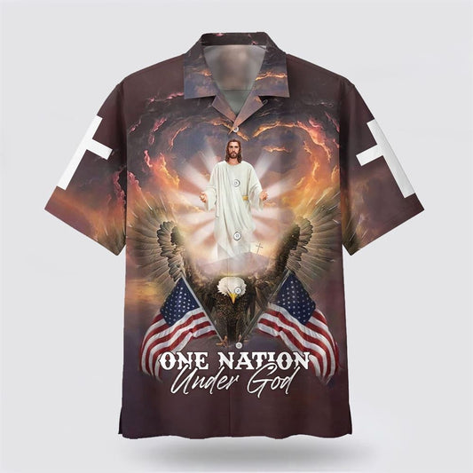 Christian Hawaiian Shirt, One Nation Under God Hawaiian Shirt, Jesus Arms Wide Open Hawaiian Shirts, Christian Aloha Shirt