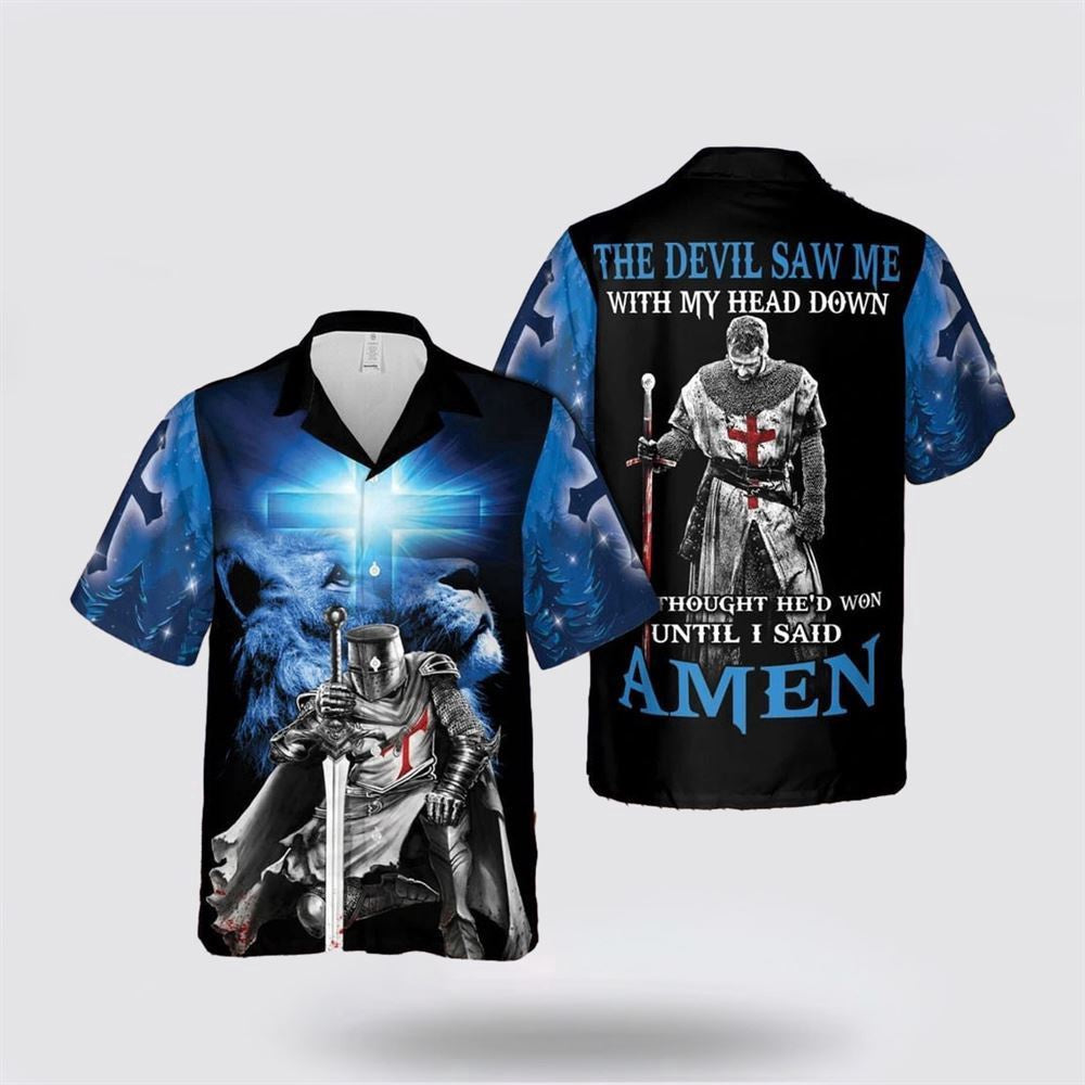 Christian Hawaiian Shirt, The Devil Saw Me with My Head Down Knight Jesus Lion King Hawaiian Shirt, Christian Aloha Shirt