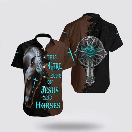 Christian Hawaiian Shirt, This Girl Runs On Jesus And Horse Black Brown Hawaiian Shirt, Christian Aloha Shirt