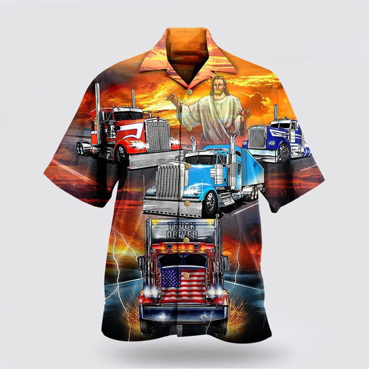 Christian Hawaiian Shirt, Truck Driver Jesus Bless In The Sunset Hawaiian Shirts, Christian Aloha Shirt