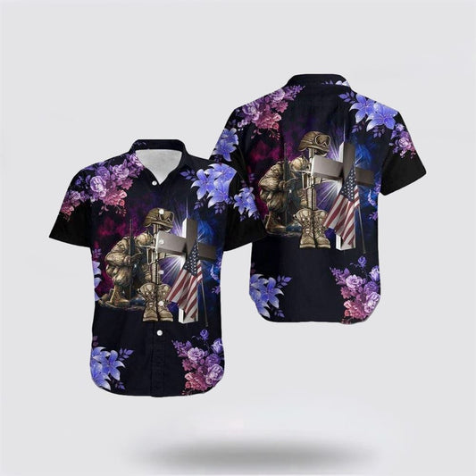 Christian Hawaiian Shirt, Veteran And Jesus Cross Red Blue Tropical Hawaiian Shirt, Christian Aloha Shirt