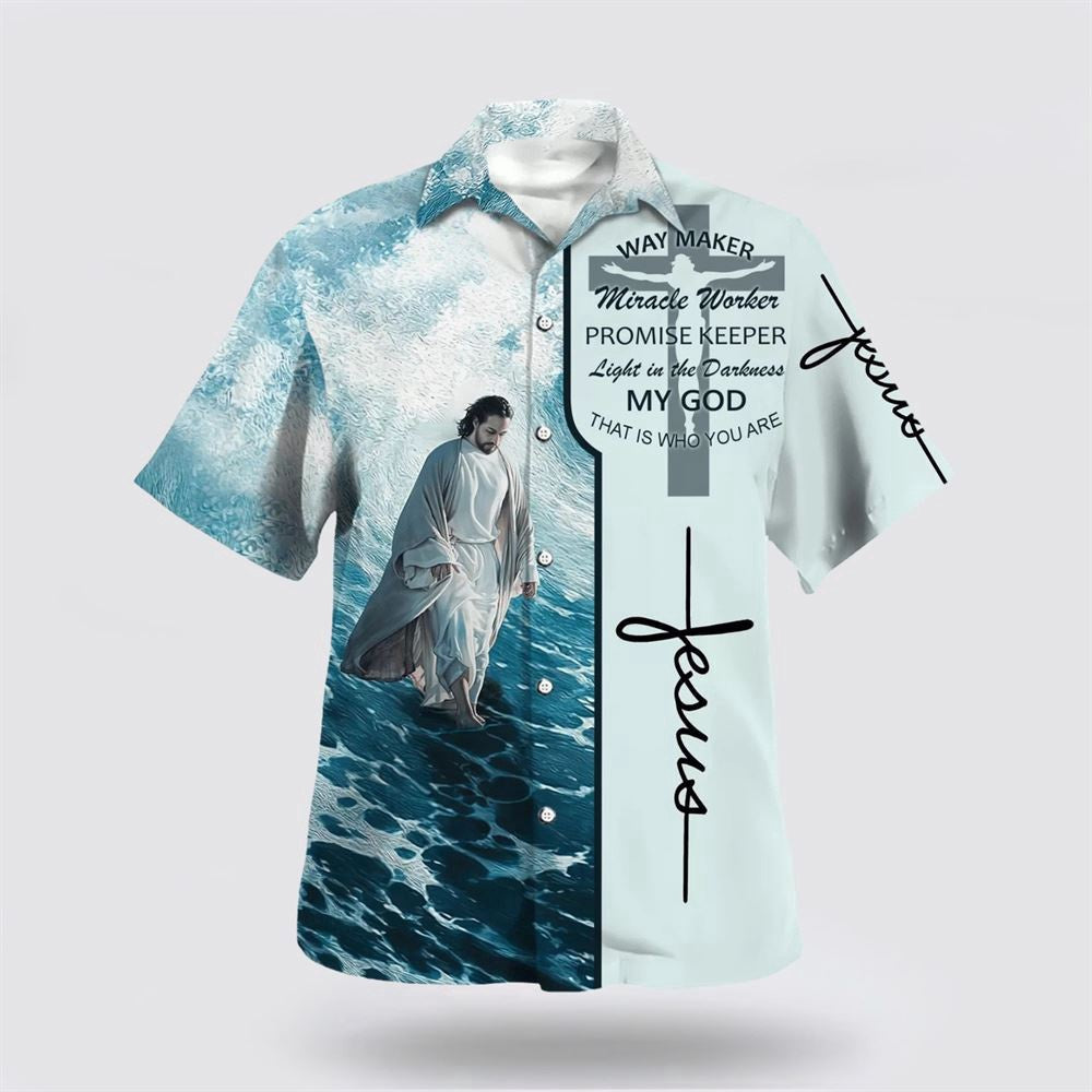 Christian Hawaiian Shirt, Way Maker Miracle Worker Promise Keeper Light In The Darkness Jesus Walking On Water Hawaiian Shirt, Christian Aloha Shirt