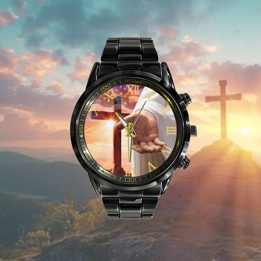 Christian Watch, Jesus Outstretched Hands Saves Watch - Scripture Watch - Bible Verse Watch