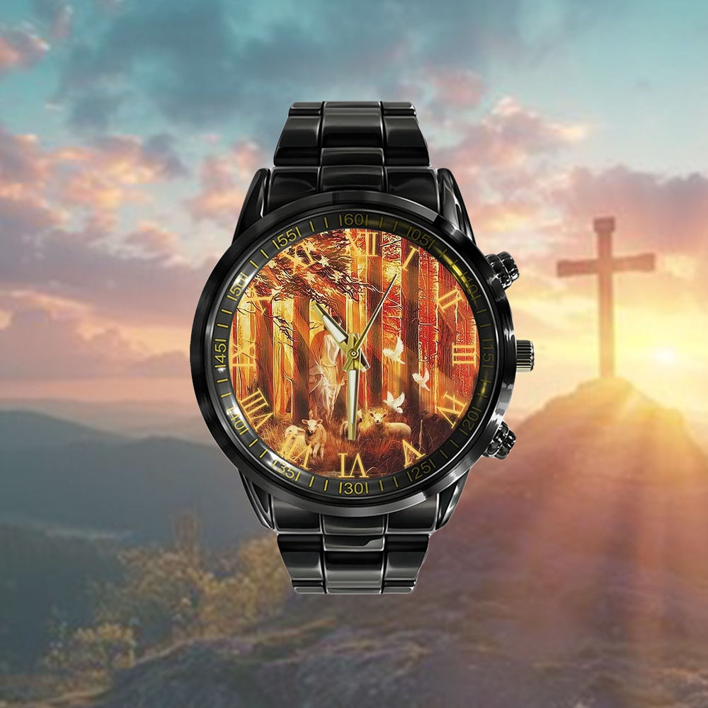 Christian Watch, Jesus Walking In Forest With The Lambs Watch - Scripture Watch - Bible Verse Watch