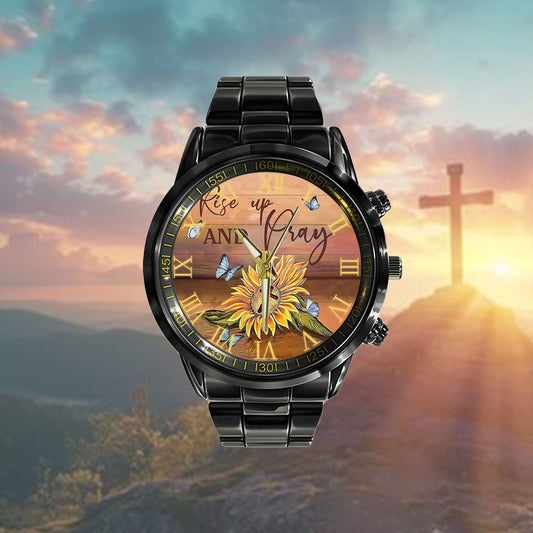 Christian Watch, Rise Up And Pray Sunflower Cross Watch Watch - Scripture Watch - Bible Verse Watch
