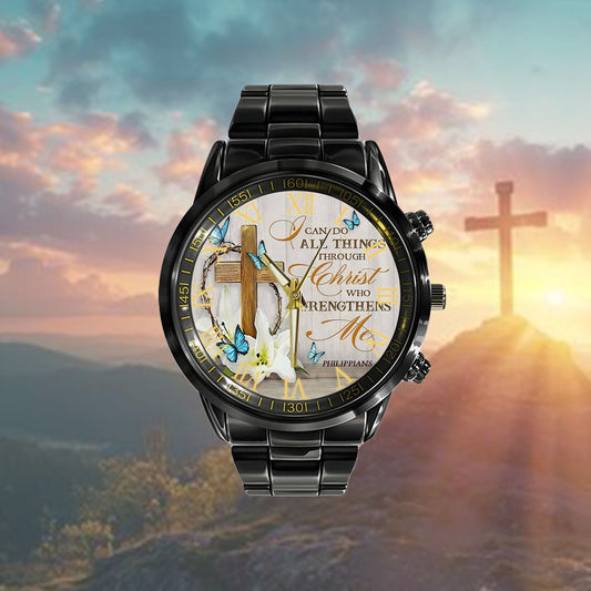 Christian Watch, Wooden Cross With Lily Philippians 413 Nkjv Watch Christian Decor - Bible Verse Watch
