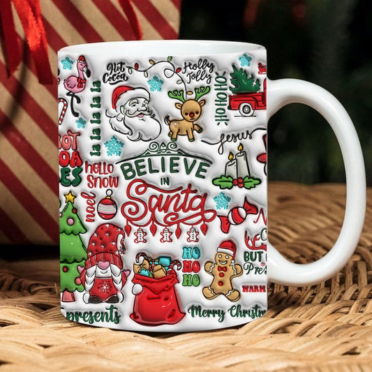 Christmas 3D Mug, 3D Believe In Santa Inflated Mug, 3D Hot Cocoa Vibes Mug, 3D, Santa Mug, Gift For Christmas