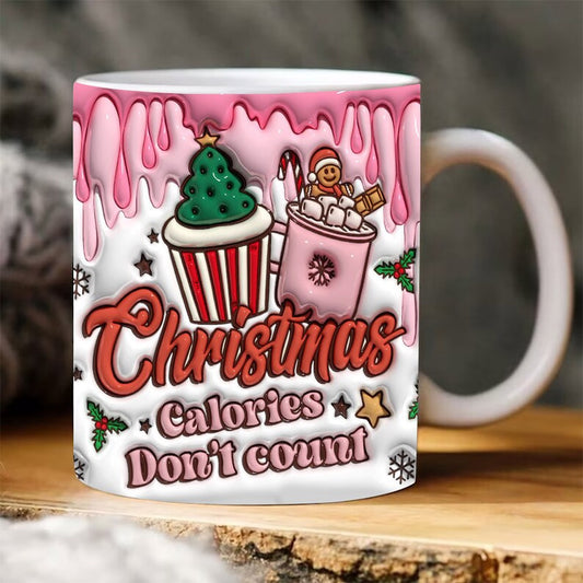 Christmas 3D Mug, 3D Christmas Calories Don'T Count Inflated Mug, 3D, Santa Mug, Gift For Christmas