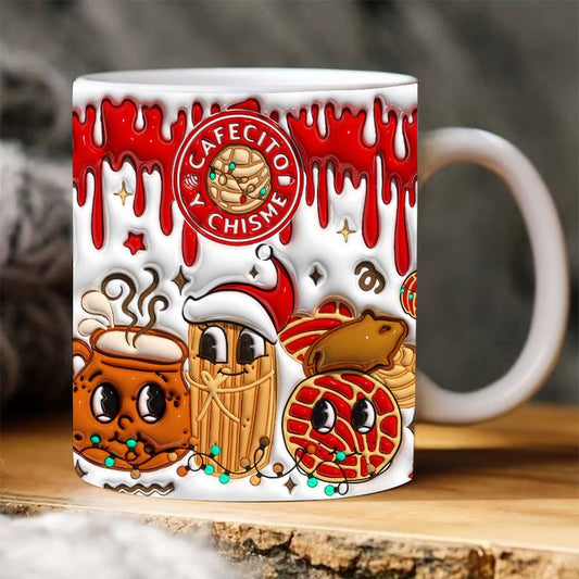Christmas 3D Mug, 3D Christmas Conchas Cafecito Y Chisme Inflated Mug, Concha Xmas Puffy Mug, 3D, Santa Mug, Gift For Christmas