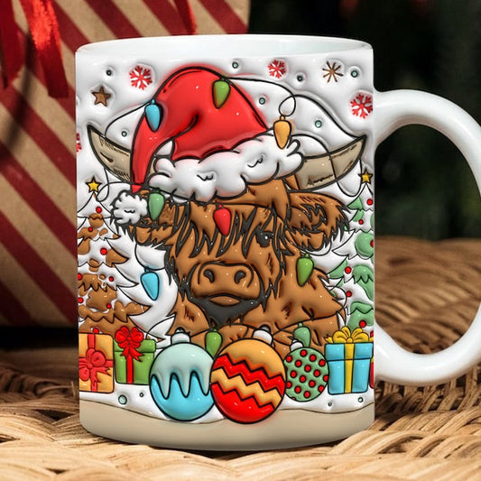 Christmas 3D Mug, 3D Christmas Highland Cow Inflated Mug, 3D, Santa Mug, Gift For Christmas