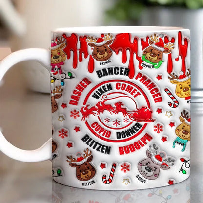 Christmas 3D Mug, 3D Dasher Dancer Prancer Inflated Mug, 3D, Santa Mug, Gift For Christmas
