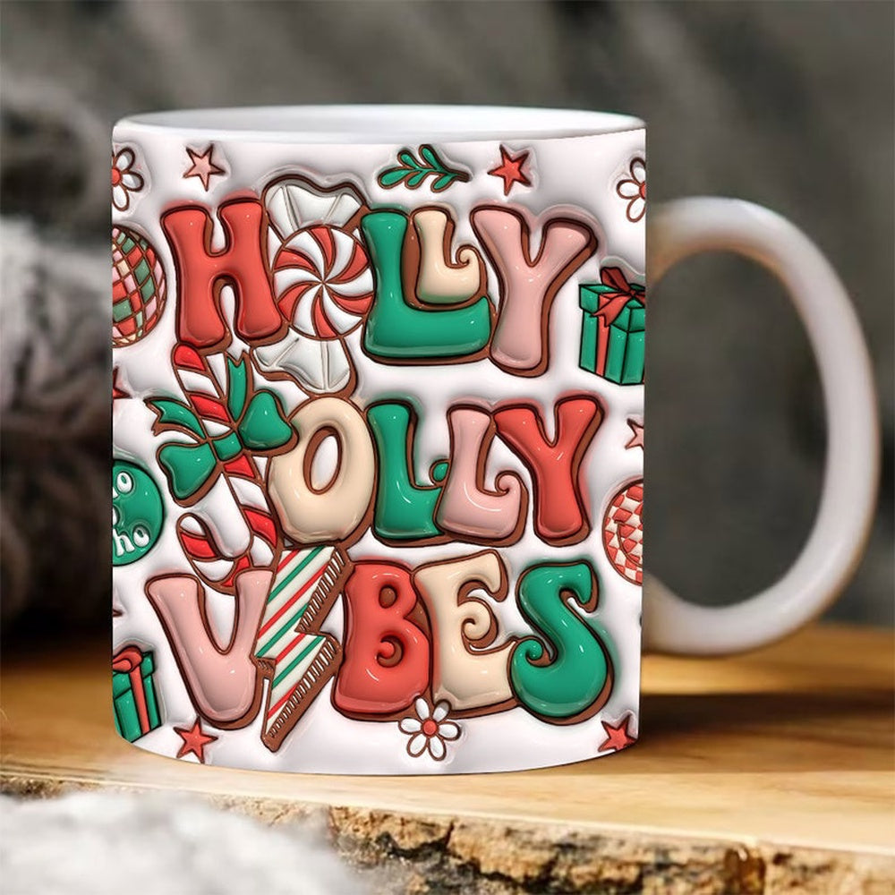 Christmas 3D Mug, 3D Holly Jolly Vibes Inflated Mug, 3D, Santa Mug, Gift For Christmas