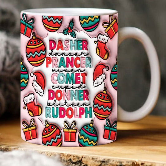 Christmas 3D Mug, 3D Inflated Dasher Dancer Prancer Mug, 3D, Santa Mug, Gift For Christmas
