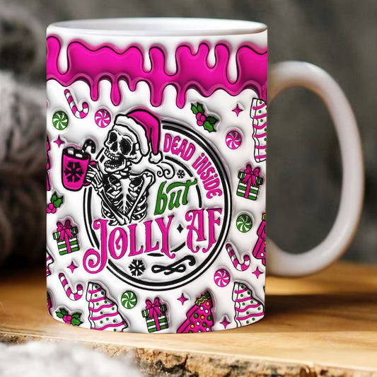 Christmas 3D Mug, 3D Inflated Dead Inside But Jolly Af Christmas Mug, 3D Puffy Pink Christmas Skeleton Mug, 3D, Santa Mug, Gift For Christmas