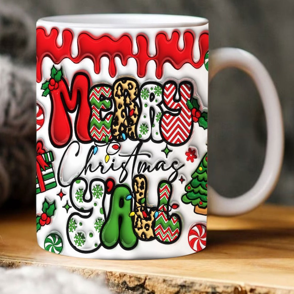 Christmas 3D Mug, 3D Inflated Merry Christmas Y'All Mug, 3D, Santa Mug, Gift For Christmas