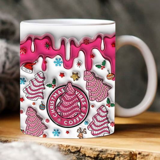 Christmas 3D Mug, 3D Pink Christmas Tree Cakes Inflated Mug, 3D, Santa Mug, Gift For Christmas