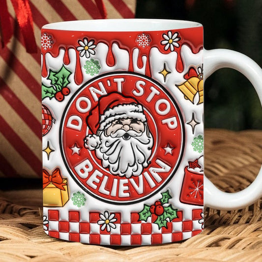 Christmas 3D Mug, 3D Red Christmas Santa Inflated Mug, 3D Puff Santa Don'T Stop Believin Mug, 3D, Santa Mug, Gift For Christmas