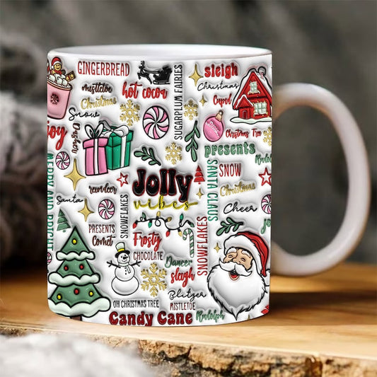 Christmas 3D Mug, Retro Holiday Jolly Vibes Inflated Mug, 3D, Santa Mug, Gift For Christmas