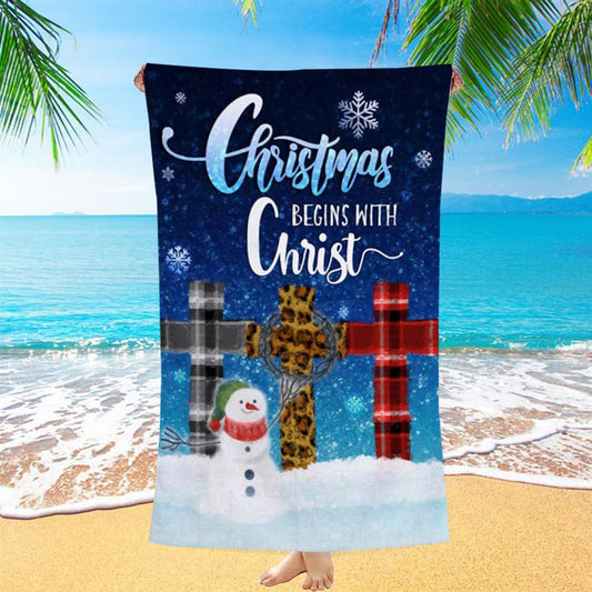 Christmas Begins With Christ Cross Snowman Christmas Beach Towel - Bible Verse Beach Towel - Scripture Beach Towel