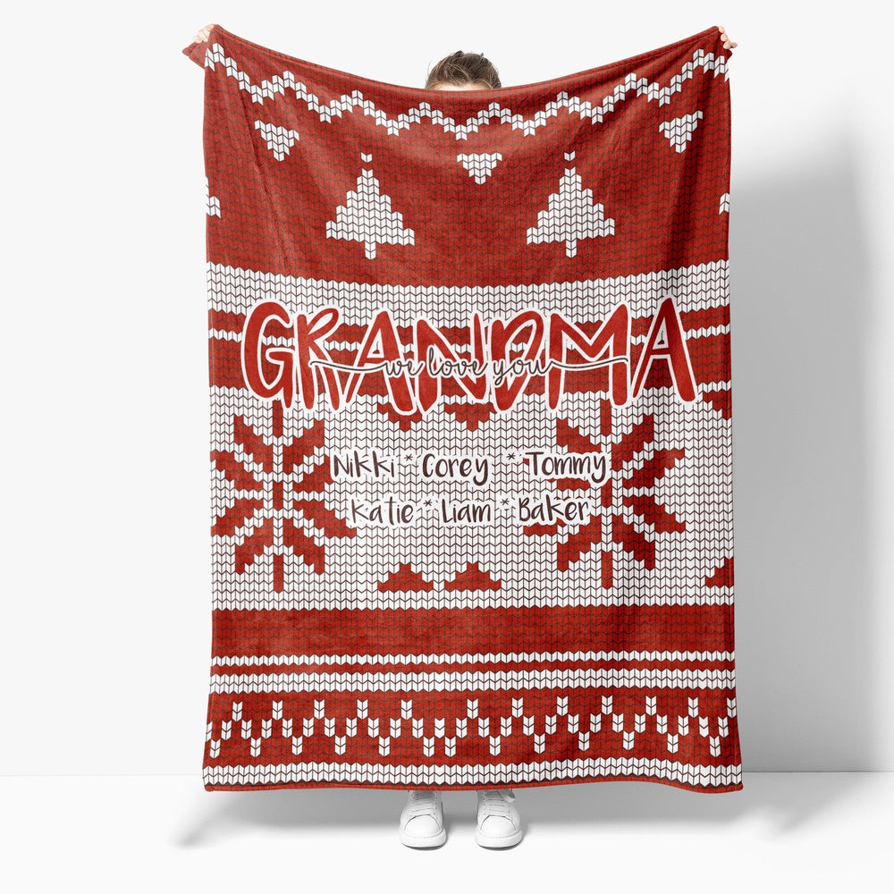 Christmas Blanket Gift Ideas For Grandma Nana Mimi Personalize Name Grandkids Grandchildren We Love You Pattern Red Blanket, Christmas Blanket