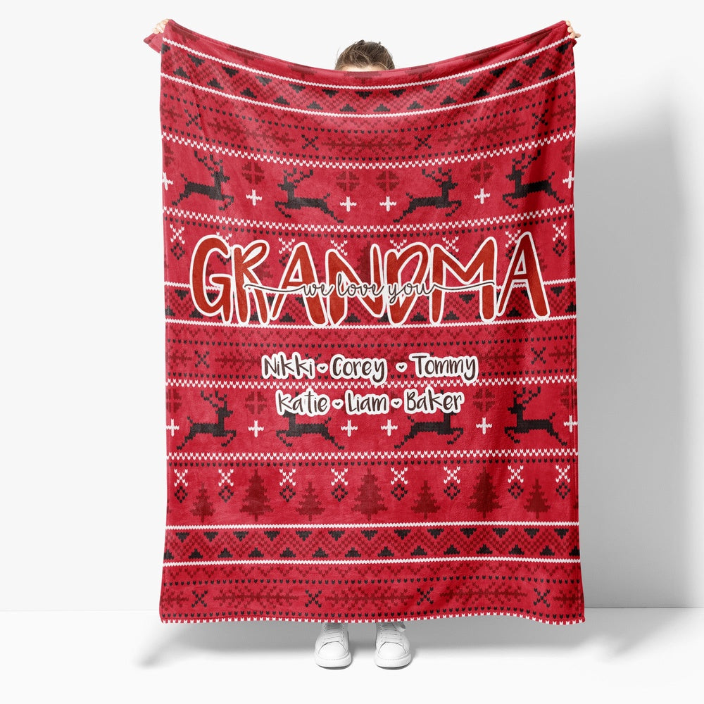 Christmas Blanket Gift Ideas For Grandma Personalize Name Grandkids Grandchildren We Love You Pattern Christmas Red Blanket, Christmas Blanket