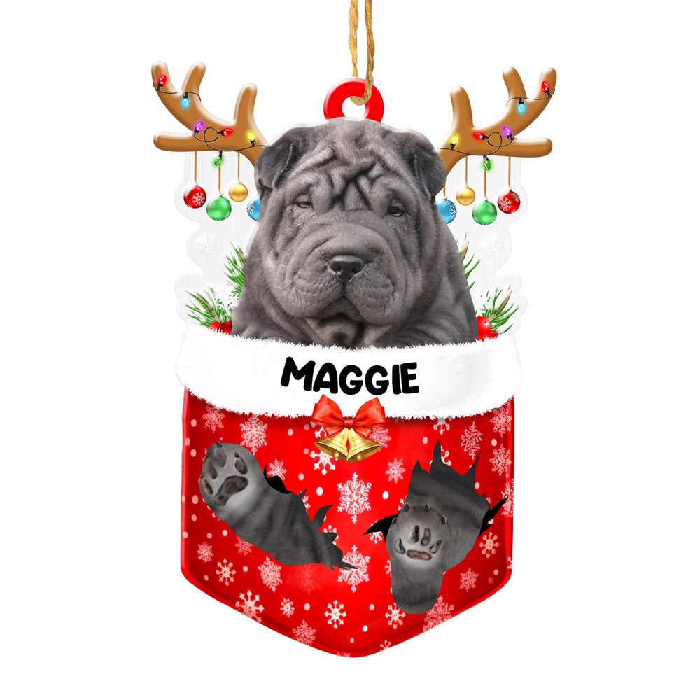 Christmas Dog Ornament, Personalized Black Shar Pei In Snow Pocket Christmas Acrylic Ornament, New Dog Christmas Ornament