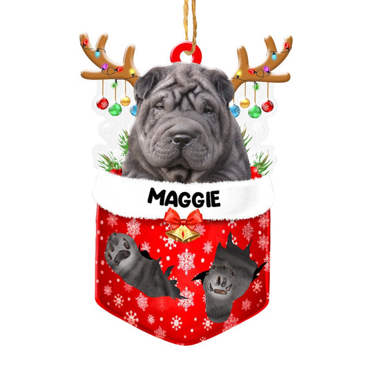Christmas Dog Ornament, Personalized Black Shar Pei In Snow Pocket Christmas Acrylic Ornament, New Dog Christmas Ornament