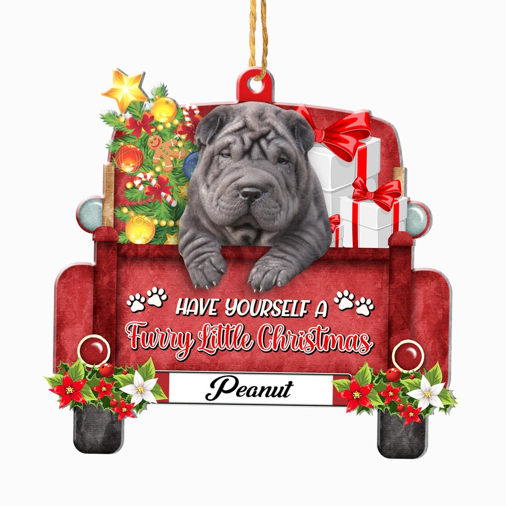 Christmas Dog Ornament, Personalized Black Shar Pei Red Truck Christmas Ornament, New Dog Christmas Ornament