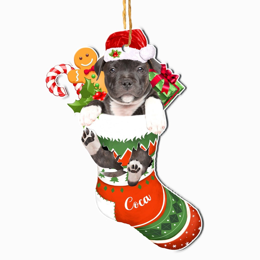 Christmas Dog Ornament, Personalized Black Staffordshire Bull Terrier In Christmas Stocking Ornament, New Dog Christmas Ornament