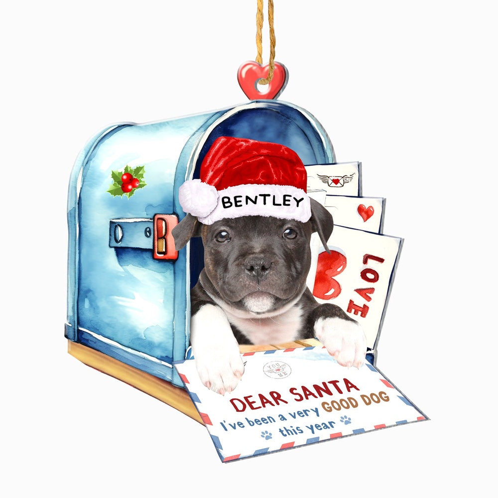 Christmas Dog Ornament, Personalized Black Staffordshire Bull Terrier In Mailbox Christmas Ornament, New Dog Christmas Ornament
