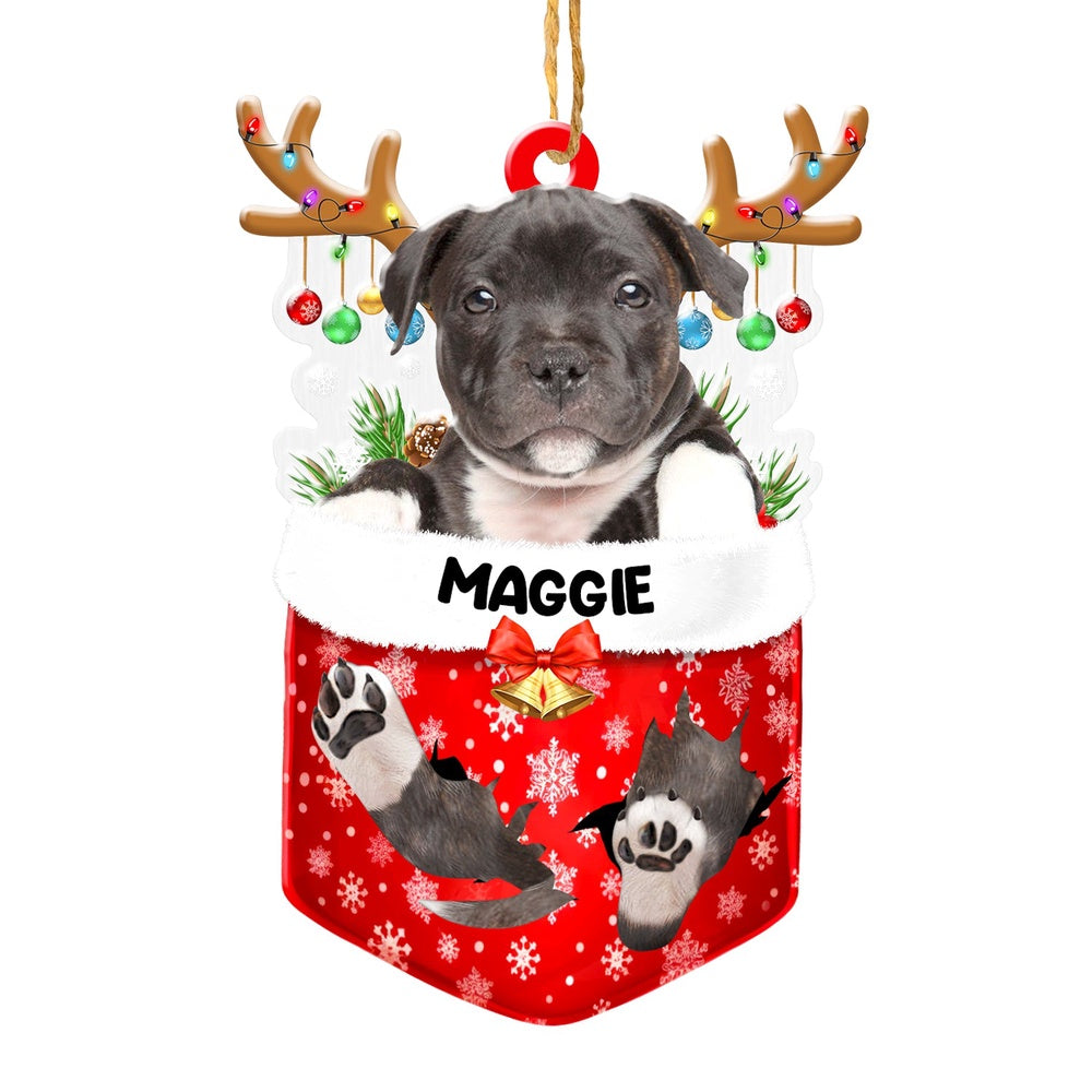 Christmas Dog Ornament, Personalized Black Staffordshire Bull Terrier In Snow Pocket Christmas Acrylic Ornament, New Dog Christmas Ornament