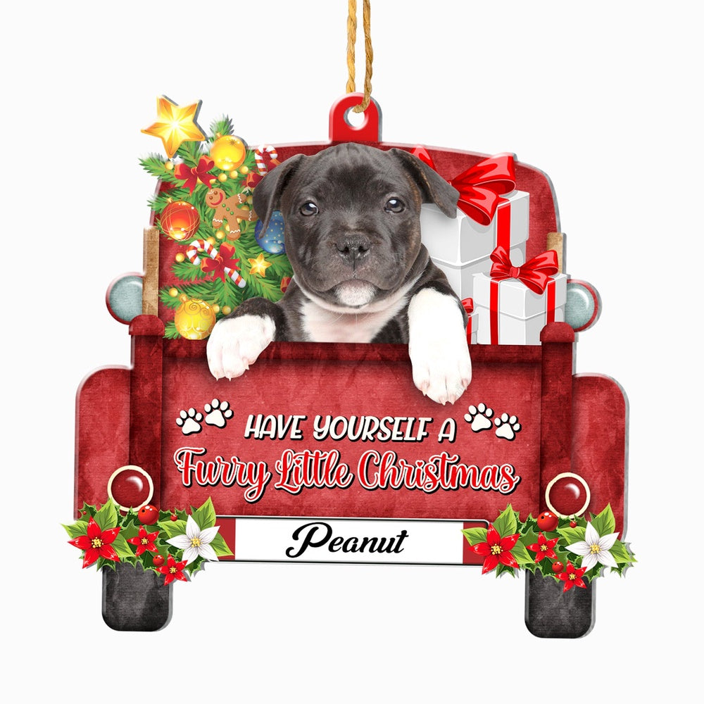 Christmas Dog Ornament, Personalized Black Staffordshire Bull Terrier Red Truck Christmas Ornament, New Dog Christmas Ornament