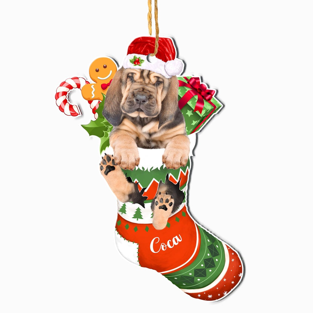 Christmas Dog Ornament, Personalized Blood Hound In Christmas Stocking Ornament, New Dog Christmas Ornament