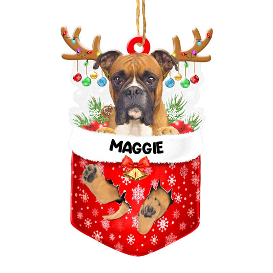 Christmas Dog Ornament, Personalized Boxer Dog In Snow Pocket Christmas Acrylic Ornament, New Dog Christmas Ornament