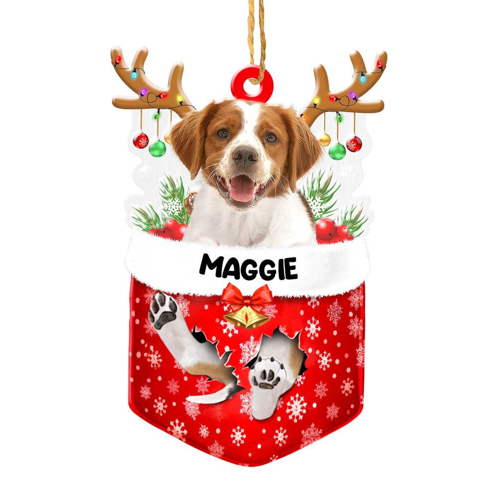 Christmas Dog Ornament, Personalized Brittany Spaniel In Snow Pocket Christmas Acrylic Ornament, New Dog Christmas Ornament