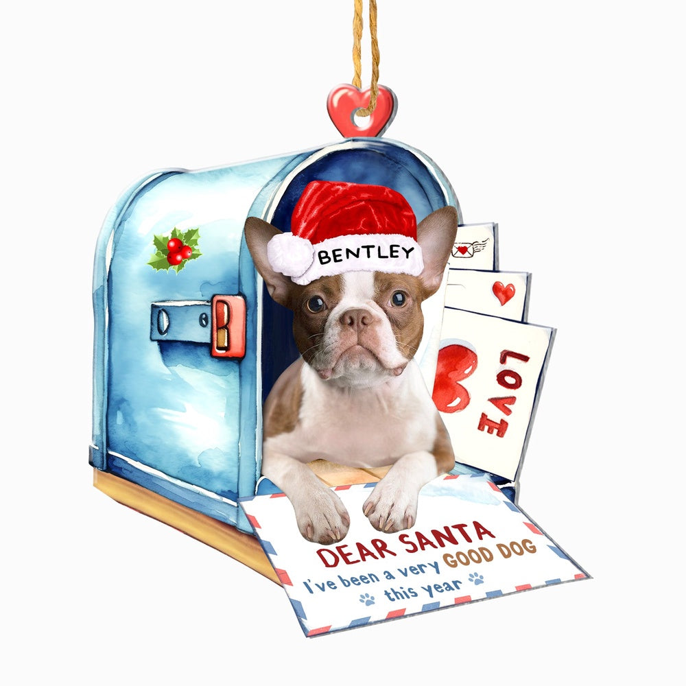 Christmas Dog Ornament, Personalized Brown Boston Terrier In Mailbox Christmas Ornament, New Dog Christmas Ornament