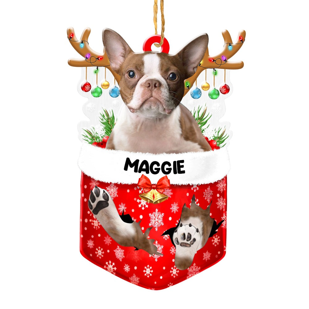 Christmas Dog Ornament, Personalized Brown Boston Terrier In Snow Pocket Christmas Acrylic Ornament, New Dog Christmas Ornament