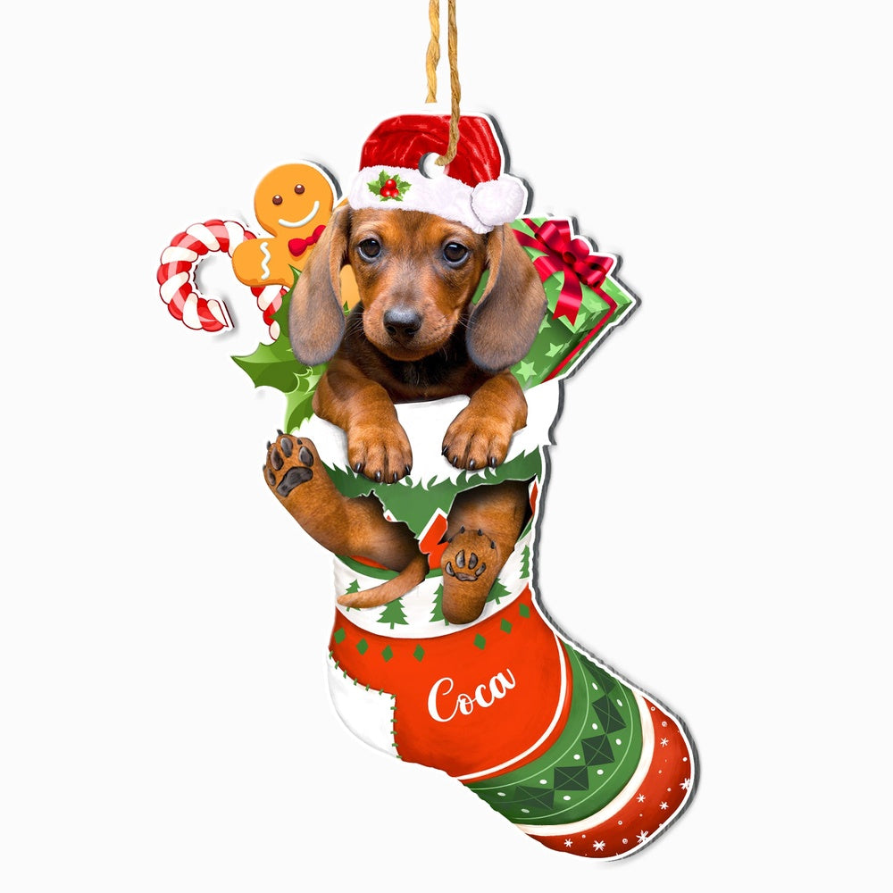 Christmas Dog Ornament, Personalized Brown Dachshund In Christmas Stocking Ornament, New Dog Christmas Ornament
