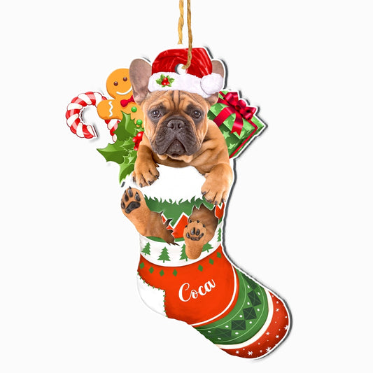 Christmas Dog Ornament, Personalized Brown French Bulldog In Christmas Stocking Ornament, New Dog Christmas Ornament