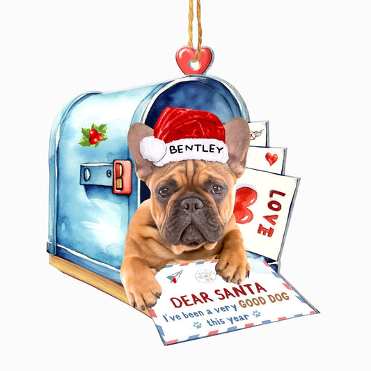 Christmas Dog Ornament, Personalized Brown French Bulldog In Mailbox Christmas Ornament, New Dog Christmas Ornament