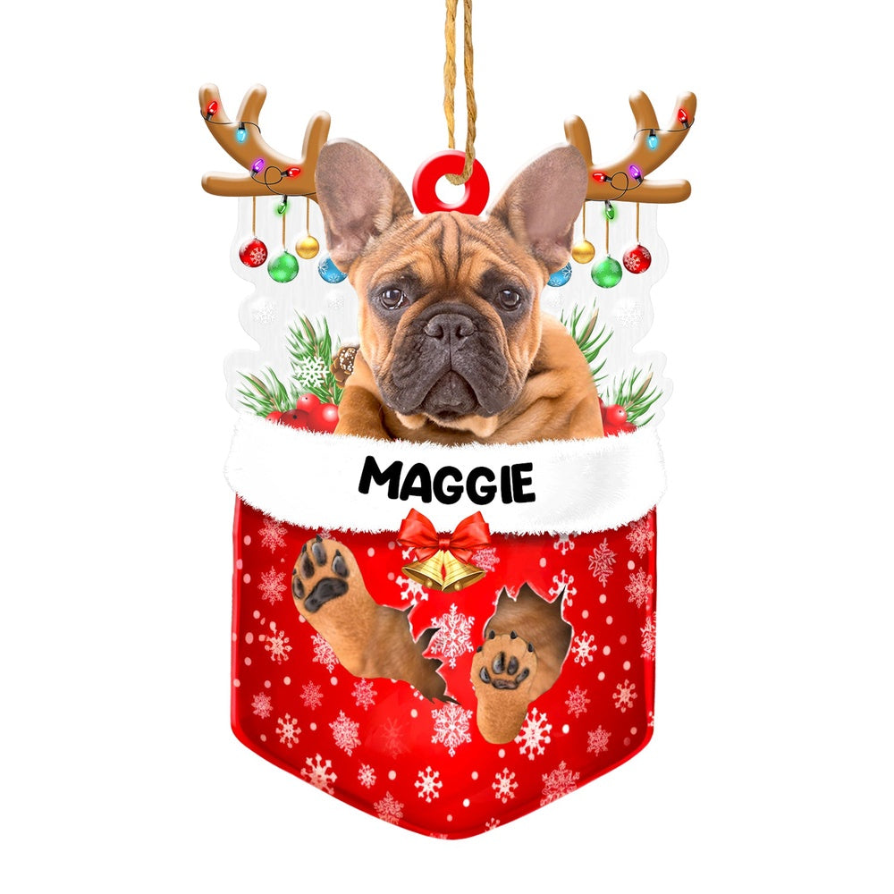 Christmas Dog Ornament, Personalized Brown French Bulldog In Snow Pocket Christmas Acrylic Ornament, New Dog Christmas Ornament