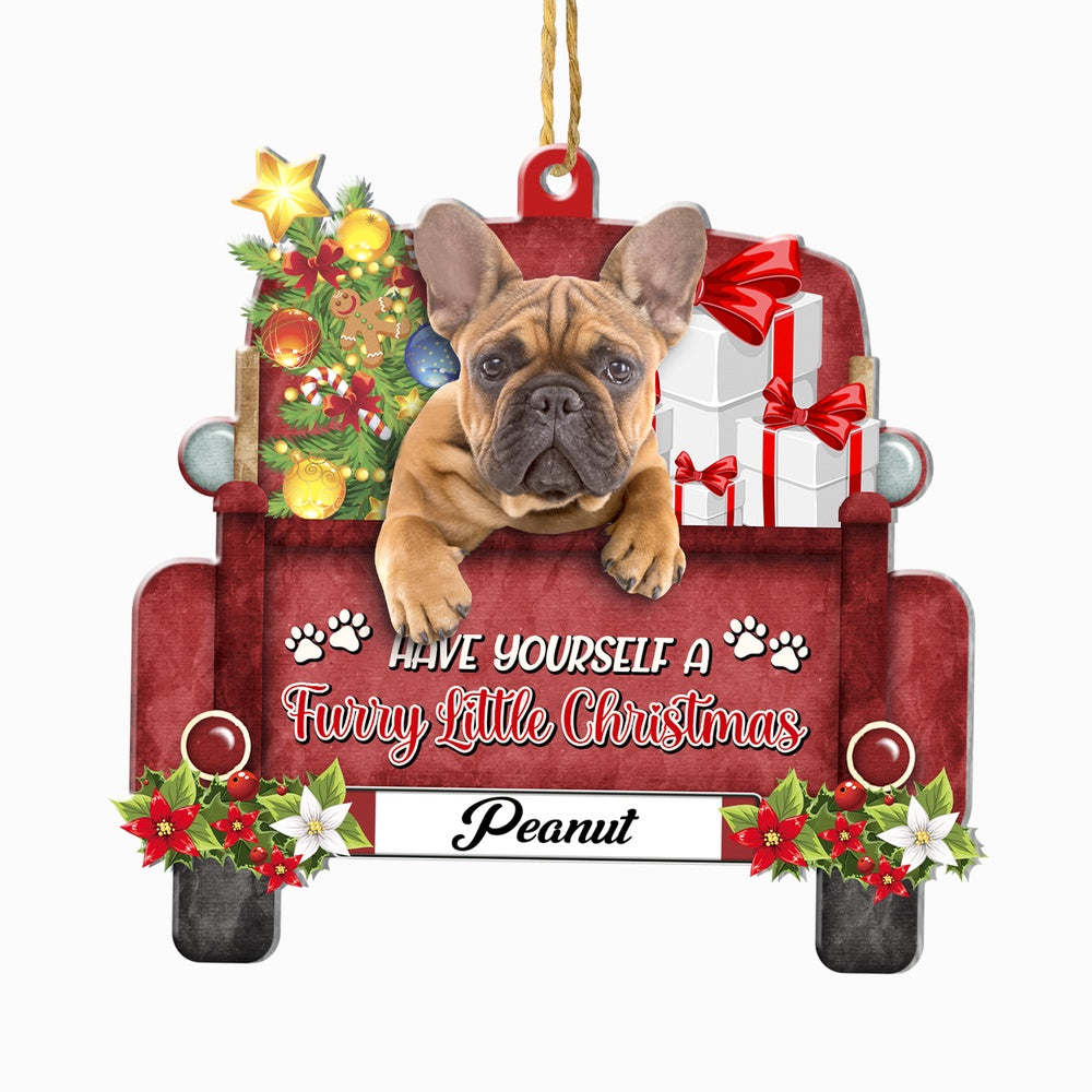 Christmas Dog Ornament, Personalized Brown French Bulldog Red Truck Christmas Ornament, New Dog Christmas Ornament